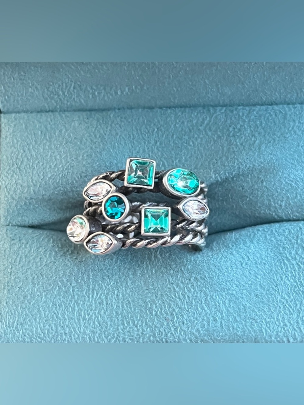 Silver-Tone Adjustable Wrap
Cluster Ring Turquoise & Clear Round Crystals